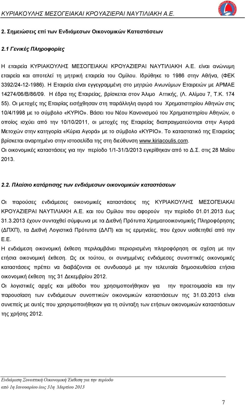 Αλίμου 7, Τ.Κ. 174 55). Οι μετοχές της Εταιρίας εισήχθησαν στη παράλληλη αγορά του Χρηματιστηρίου Αθηνών στις 10/4/1998 με το σύμβολο «ΚΥΡΙΟ».