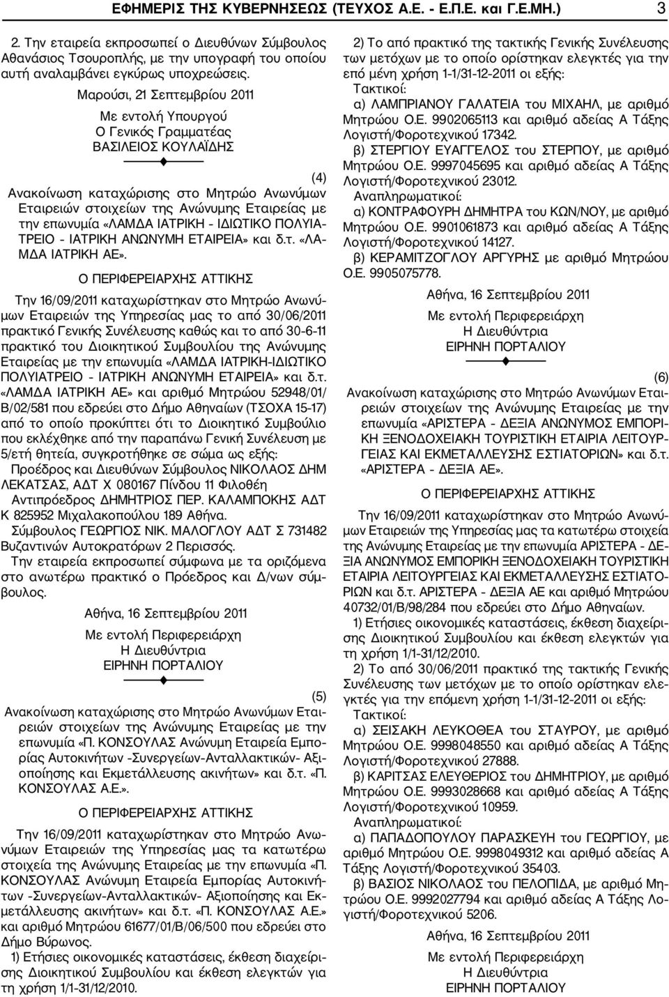 Την 16/09/2011 καταχωρίστηκαν στο Μητρώο Ανωνύ μων Εταιρειών της Υπηρεσίας μας το από 30/06/2011 πρακτικό Γενικής Συνέλευσης καθώς και το από 30 6 11 πρακτικό του Διοικητικού Συμβουλίου της Ανώνυμης
