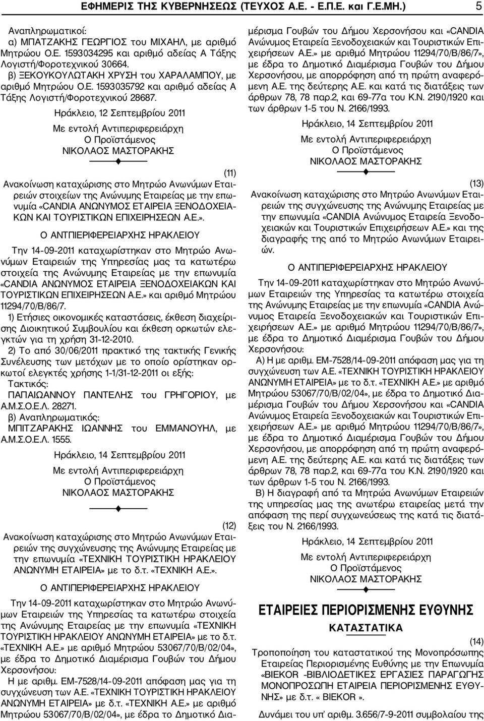 Ηράκλειο, 12 Σεπτεμβρίου 2011 (11) Εται ρειών στοιχείων της Ανώνυμης Εταιρείας με την επω νυμία «CANDIA ΑΝΩΝΥΜΟΣ ΕΤΑΙΡΕΙΑ ΞΕΝΟΔΟΧΕΙΑ ΚΩΝ ΚΑΙ ΤΟΥΡΙΣΤΙΚΩΝ ΕΠΙΧΕΙΡΗΣΕΩΝ Α.Ε.».