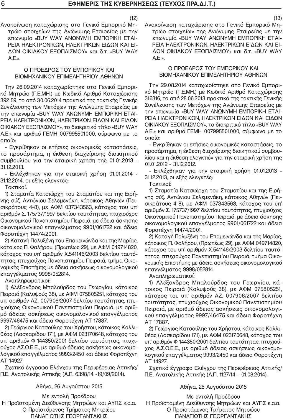 2014 πρακτικό της τακτικής Γενικής Συνέλευσης των Μετόχων της Ανώνυμης Εταιρείας με την επωνυμία «BUY WAY ΑΝΩΝΥΜΗ ΕΜΠΟΡΙΚΗ ΕΤΑΙ ΡΕΙΑ ΗΛΕΚΤΡΟΝΙΚΩΝ, ΗΛΕΚΤΡΙΚΩΝ ΕΙΔΩΝ ΚΑΙ ΕΙΔΩΝ ΟΙΚΙΑΚΟΥ ΕΞΟΠΛΙΣΜΟΥ», το