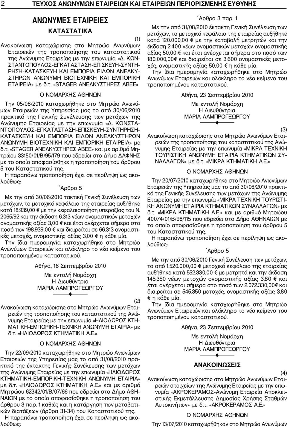 Την 05/08/2010 καταχωρήθηκε στο Μητρώο Ανωνύ μων Εταιρειών της Υπηρεσίας μας το από 30/06/2010 πρακτικό της Γενικής Συνέλευσης των μετόχων της Ανώνυμης Εταιρείας με την επωνυμία «Δ.