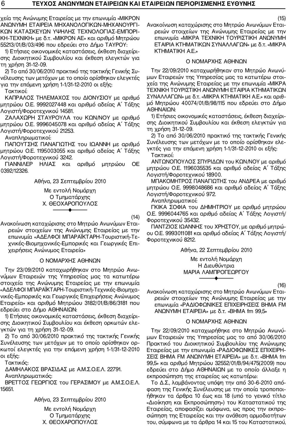 Συ νέλευσης των μετόχων με το οποίο ορίσθηκαν ελεγκτές για την επόμενη χρήση 1 1/31 12 2010 ΚΑΠΡΑΛΟΣ ΤΗΛΕΜΑΧΟΣ του ΔΙΟΝΥΣΙΟΥ με αριθμό μητρώου Ο.Ε. 9992027448 και αριθμό αδείας Α Τάξης Λογιστή/Φοροτεχνικού 14581.