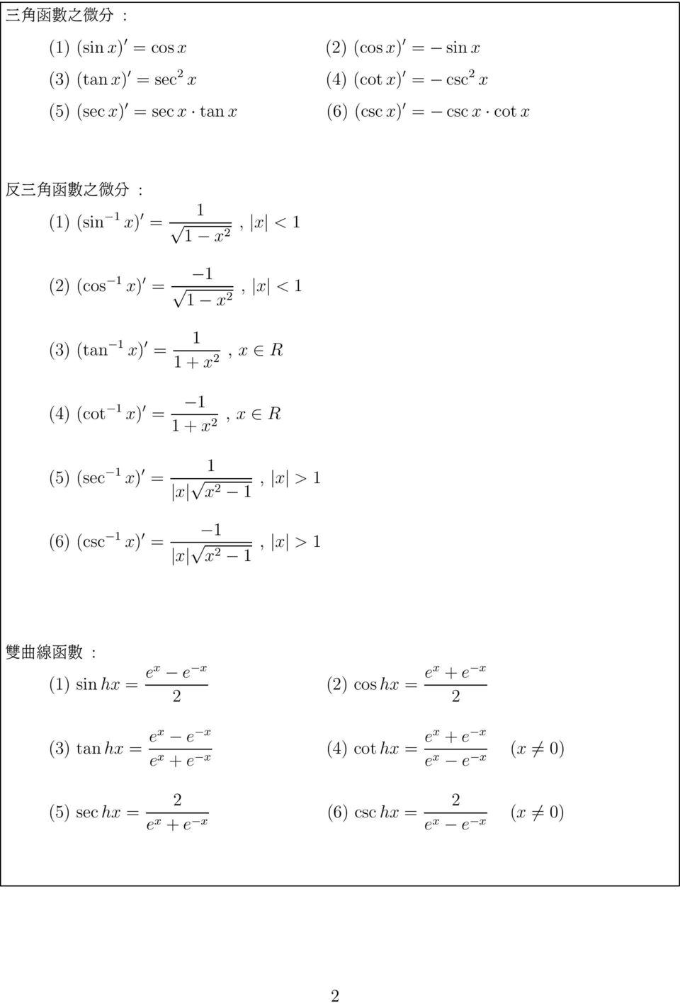 x) + x, x R (5) (sec x) (6) (csc x) x x, x > x x, x > Â(ƒb : () sin hx ex e x (3) tan hx ex e x e x +