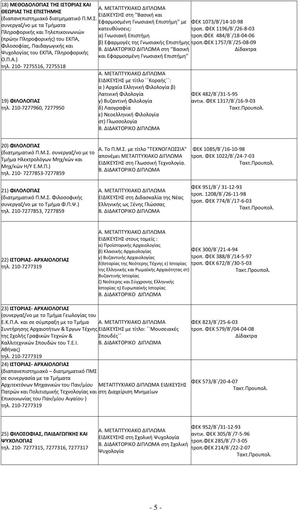 210 7277960, 7277950 ΕΙΔΙΚΕΥΣΗΣ στη ''Βασική και Εφαρμοσμένη Γνωσιακή Επιστήμη'' με κατευθύνσεις: α) Γνωσιακή Επιστήμη β) Εφαρμογές της Γνωσιακής Επιστήμης στη ''Βασική και Εφαρμοσμένη Γνωσιακή