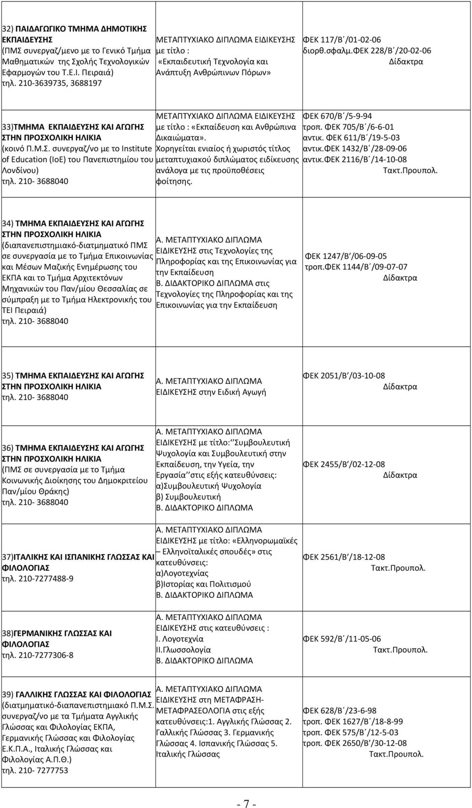 φεκ 228/Β /20 02 06 33)ΤΜΗΜΑ ΕΚΠΑΙΔΕΥΣΗΣ ΚΑΙ ΑΓΩΓΗΣ ΣΤΗΝ ΠΡΟΣΧΟΛΙΚΗ ΗΛΙΚΙΑ (κοινό Π.Μ.Σ. συνεργαζ/νο με το Institute of Education (ΙοΕ) του Πανεπιστημίου του Λονδίνου) τηλ.