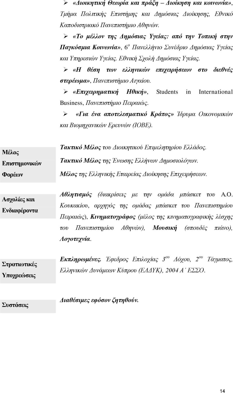 «Η θέση των ελληνικών επιχειρήσεων στο διεθνές στερέωμα», Πανεπιστήμιο Αιγαίου. «Επιχειρηματική Ηθική», Students in International Business, Πανεπιστήμιο Πειραιώς.