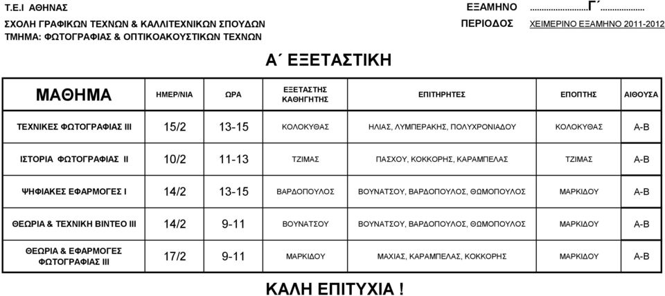 11-13 ΤΖΙΜΑΣ ΠΑΣΧΟΥ, ΚΟΚΚΟΡΗΣ, ΚΑΡΑΜΠΕΛΑΣ ΤΖΙΜΑΣ Α Β ΨΗΦΙΑΚΕΣ ΕΦΑΡΜΟΓΕΣ Ι 14/2 13-15 ΒΑΡΔΟΠΟΥΛΟΣ ΒΟΥΝΑΤΣΟΥ, ΒΑΡΔΟΠΟΥΛΟΣ,