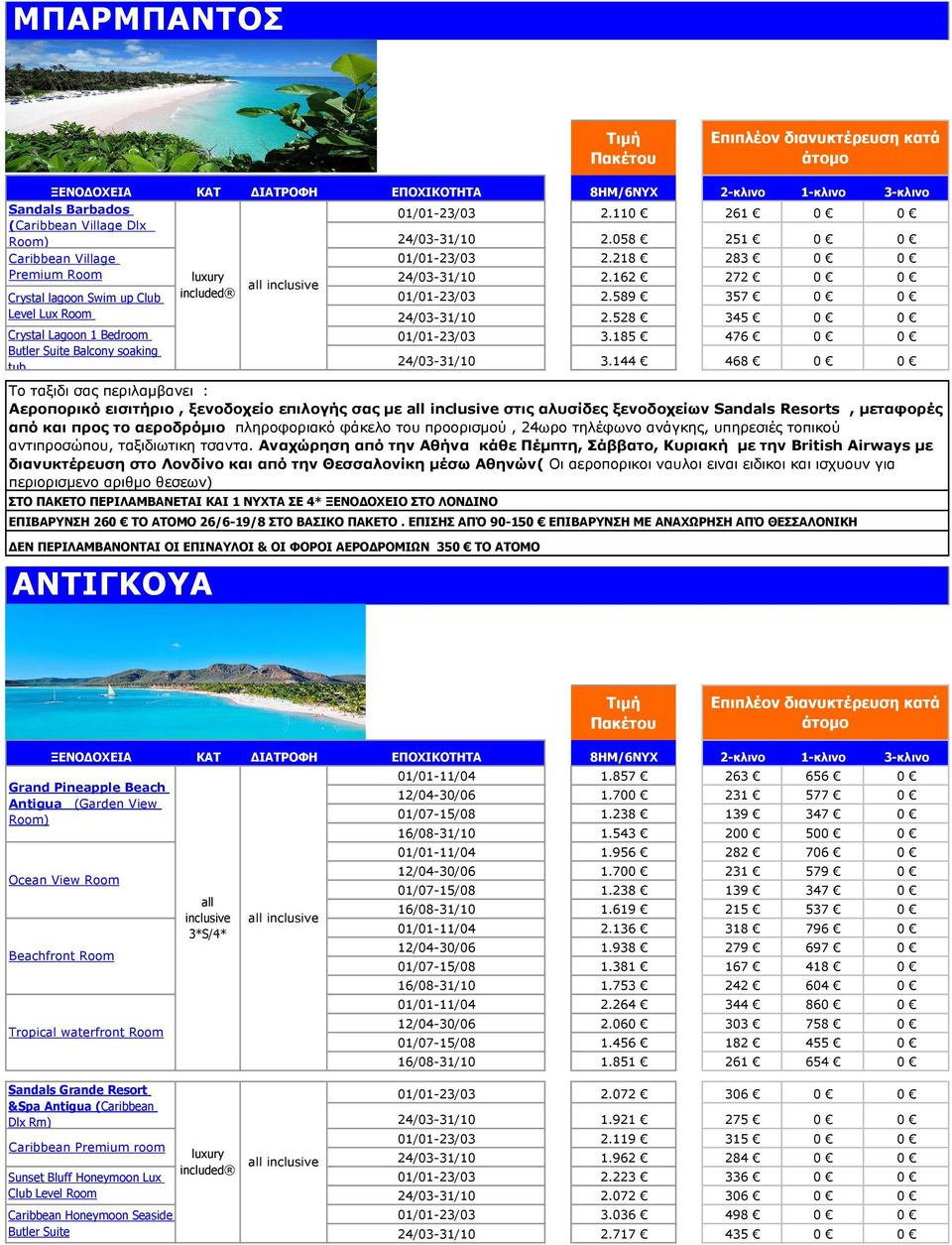 185 476 0 0 24/03-31/10 3.144 468 0 0 Aεροπορικό εισιτήριο, ξενοδοχείο επιλογής σας με στις αλυσίδες ξενοδοχείων Sandals Resorts, μεταφορές αντιπροσώπου, ταξιδιωτικη τσαντα.