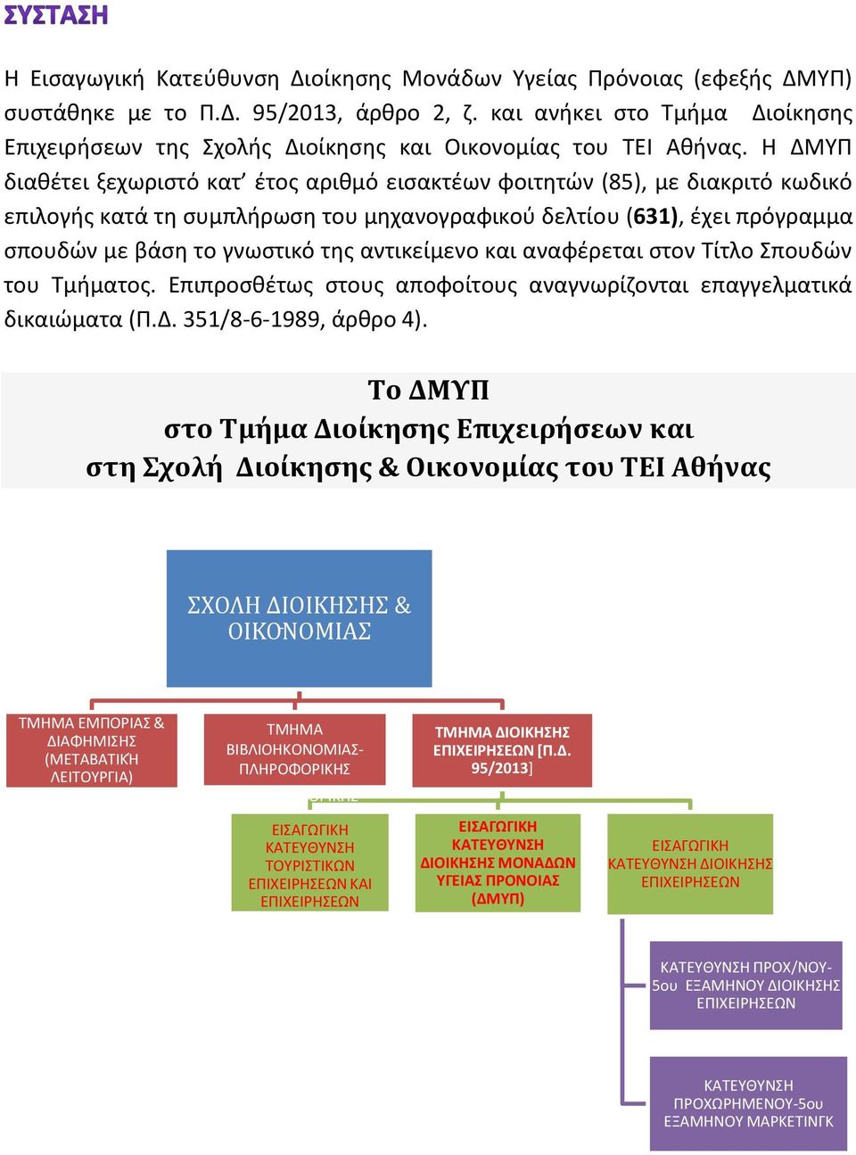 Η ΔΜΥΠ διαθέτει ξεχωριστό κατ έτος αριθμό εισακτέων φοιτητών (85), με διακριτό κωδικό επιλογής κατά τη συμπλήρωση του μηχανογραφικού δελτίου (631), έχει πρόγραμμα σπουδών με βάση το γνωστικό της