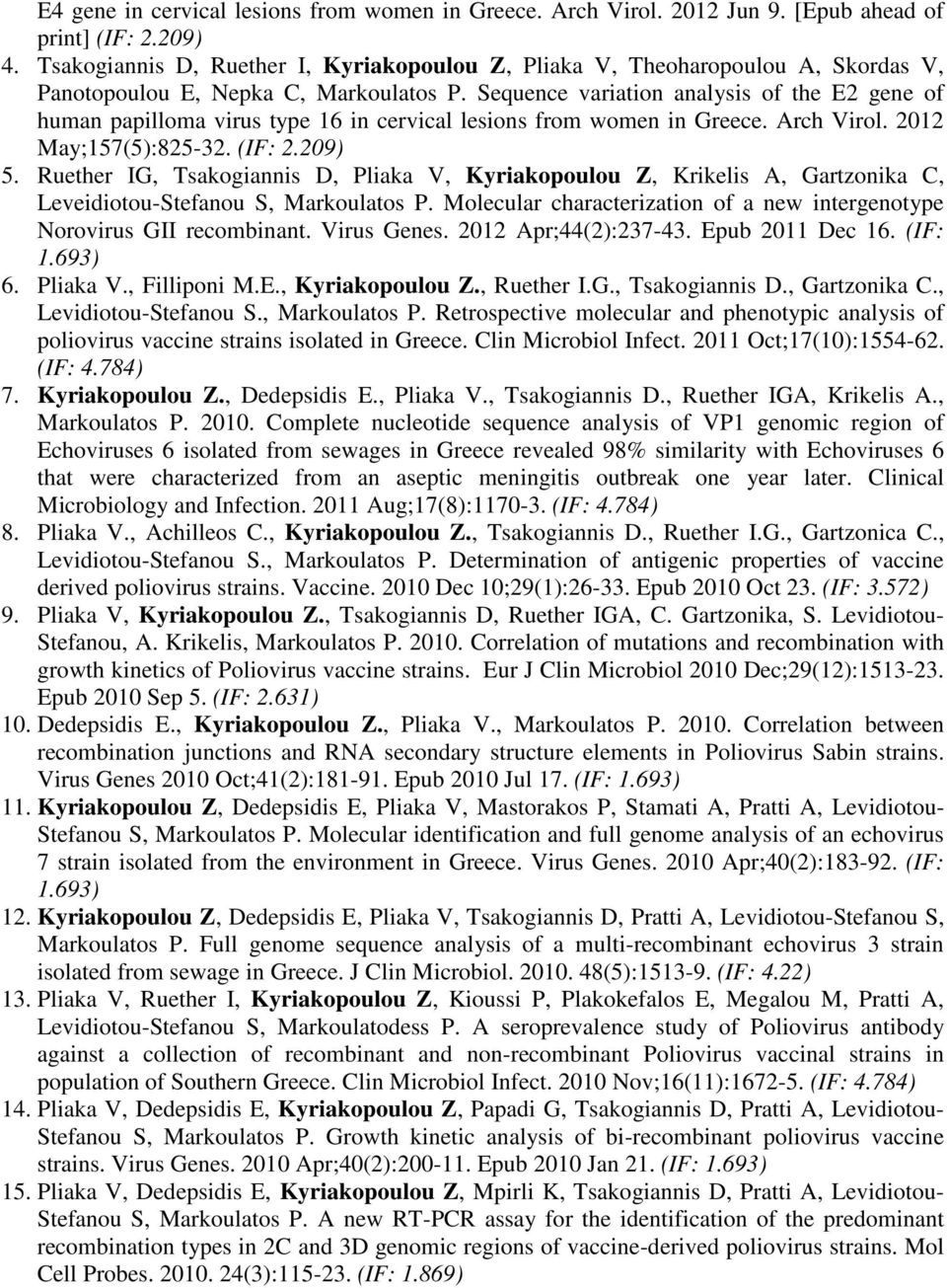 Sequence variation analysis of the E2 gene of human papilloma virus type 16 in cervical lesions from women in Greece. Arch Virol. 2012 May;157(5):825-32. (IF: 2.209) 5.