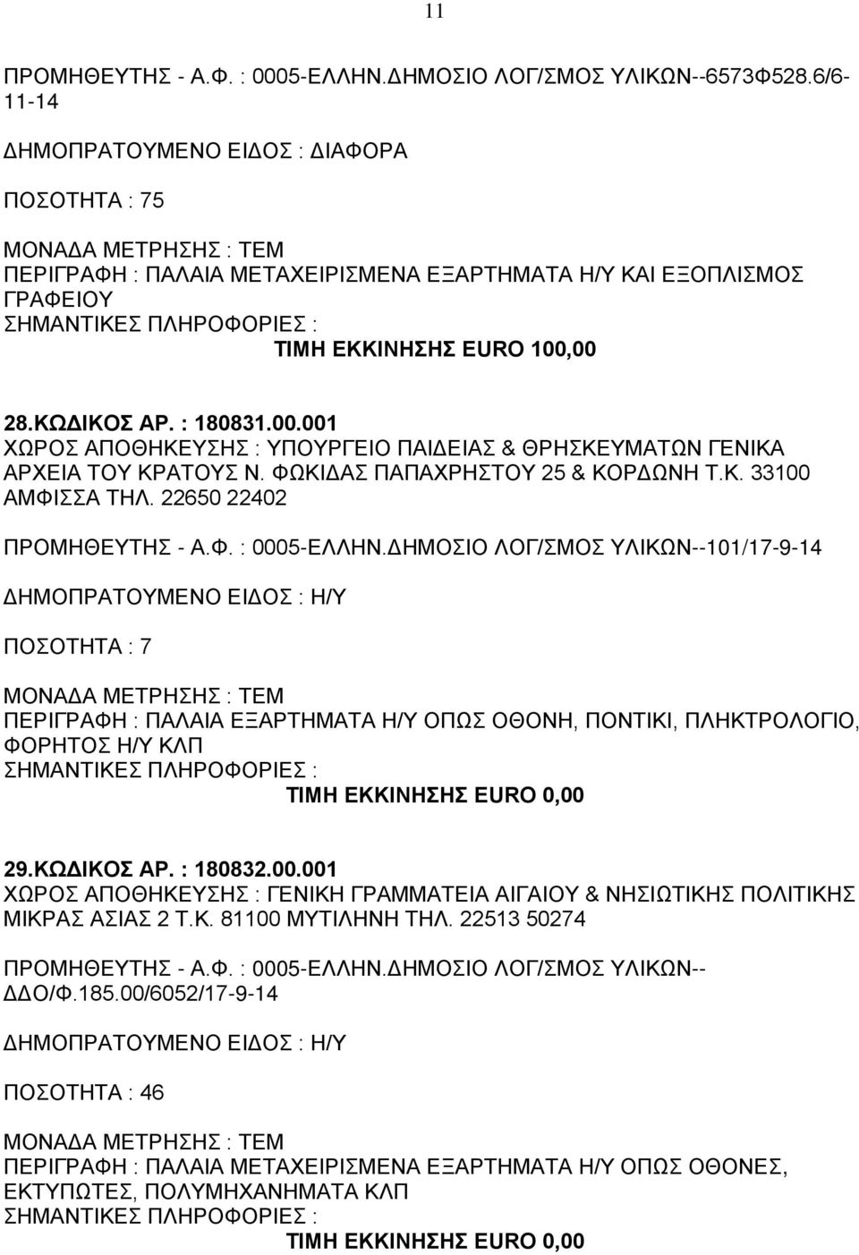 ΔΗΜΟΣΙΟ ΛΟΓ/ΣΜΟΣ ΥΛΙΚΩΝ--101/17-9-14 ΔΗΜΟΠΡΑΤΟΥΜΕΝΟ ΕΙΔΟΣ : Η/Υ ΠΟΣΟΤΗΤΑ : 7 ΠΕΡΙΓΡΑΦΗ : ΠΑΛΑΙΑ ΕΞΑΡΤΗΜΑΤΑ Η/Υ ΟΠΩΣ ΟΘΟΝΗ, ΠΟΝΤΙΚΙ, ΠΛΗΚΤΡΟΛΟΓΙΟ, ΦΟΡΗΤΟΣ Η/Υ ΚΛΠ 29.ΚΩΔΙΚΟΣ ΑΡ. : 180832.00.