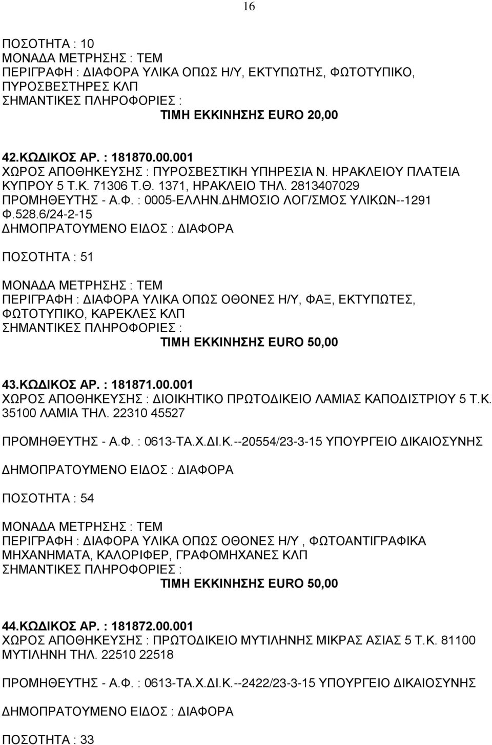 6/24-2-15 ΠΟΣΟΤΗΤΑ : 51 ΠΕΡΙΓΡΑΦΗ : ΔΙΑΦΟΡΑ ΥΛΙΚΑ ΟΠΩΣ ΟΘΟΝΕΣ Η/Υ, ΦΑΞ, ΕΚΤΥΠΩΤΕΣ, ΦΩΤΟΤΥΠΙΚΟ, ΚΑΡΕΚΛΕΣ ΚΛΠ ΤΙΜΗ ΕΚΚΙΝΗΣΗΣ EURO 50,00 