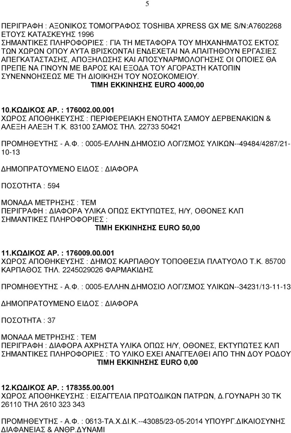 ΚΩΔΙΚΟΣ ΑΡ. : 176002.00.001 ΧΩΡΟΣ ΑΠΟΘΗΚΕΥΣΗΣ : ΠΕΡΙΦΕΡΕΙΑΚΗ ΕΝΟΤΗΤΑ ΣΑΜΟΥ ΔΕΡΒΕΝΑΚΙΩΝ & ΑΛΕΞΗ ΑΛΕΞΗ Τ.Κ. 83100 ΣΑΜΟΣ ΤΗΛ. 22733 50421 ΠΡΟΜΗΘΕΥΤΗΣ - Α.Φ. : 0005-ΕΛΛΗΝ.