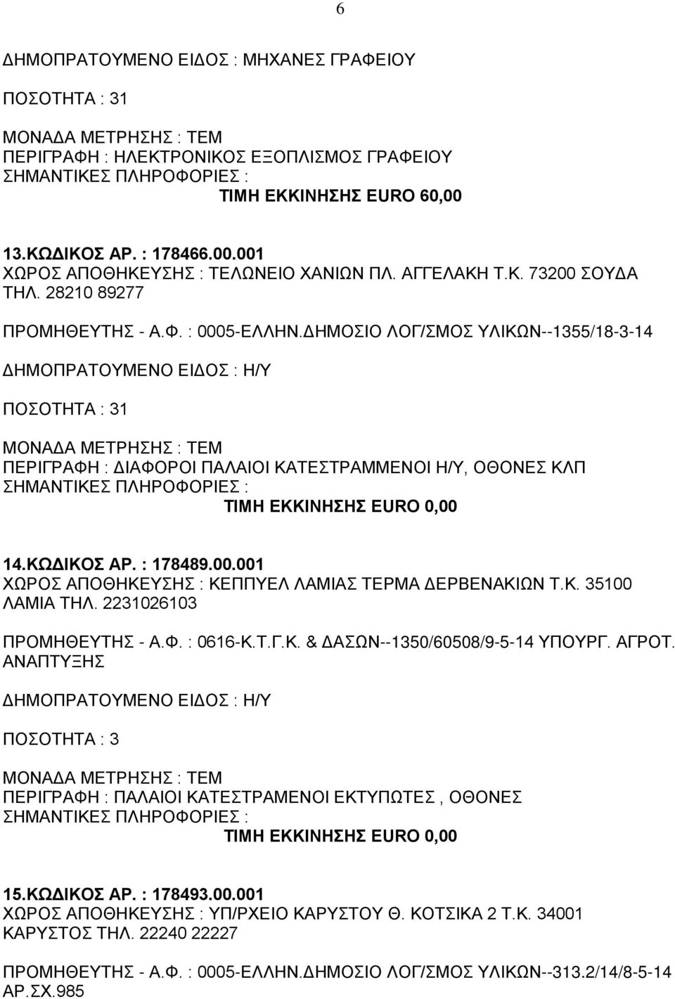 ΔΗΜΟΣΙΟ ΛΟΓ/ΣΜΟΣ ΥΛΙΚΩΝ--1355/18-3-14 ΔΗΜΟΠΡΑΤΟΥΜΕΝΟ ΕΙΔΟΣ : Η/Υ ΠΟΣΟΤΗΤΑ : 31 ΠΕΡΙΓΡΑΦΗ : ΔΙΑΦΟΡΟΙ ΠΑΛΑΙΟΙ ΚΑΤΕΣΤΡΑΜΜΕΝΟΙ Η/Υ, ΟΘΟΝΕΣ ΚΛΠ 14.ΚΩΔΙΚΟΣ ΑΡ. : 178489.00.
