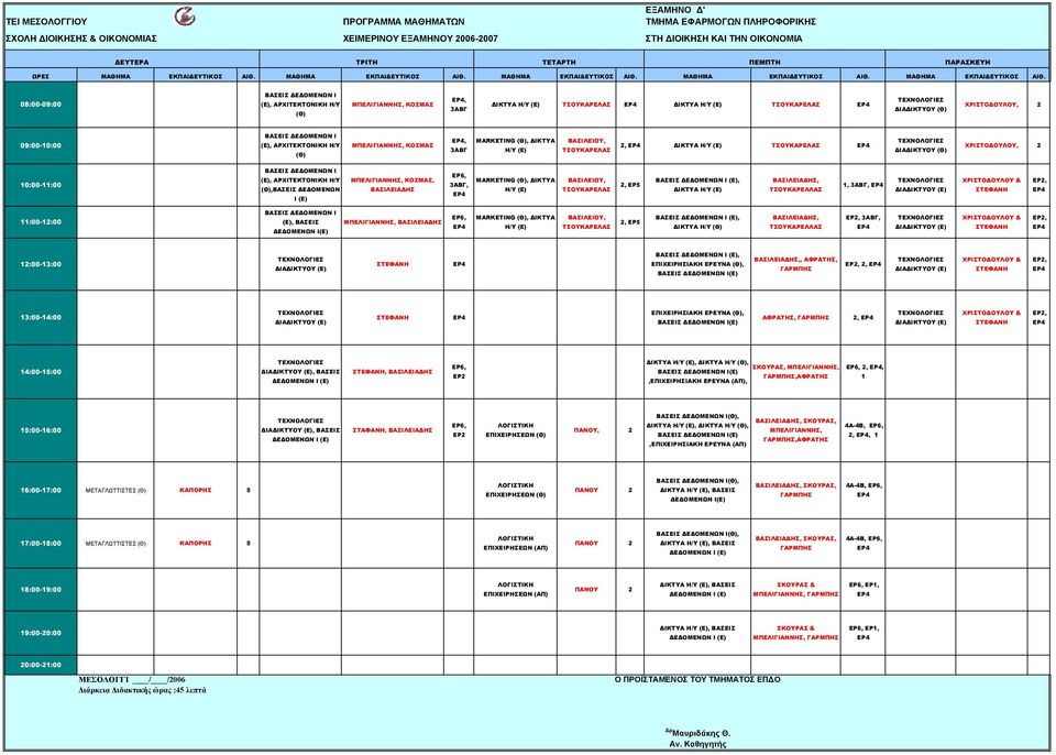 08:00-09:00 (E), ΑΡΧΙΤΕΚΤΟΝΙΚΗ Η/Υ ΜΠΕΛΙΓΙΑΝΝ, ΔΙΚΤΥΑ Η/Υ ΤΣΟΥΚΑΡΕΛΑΣ ΔΙΚΤΥΑ Η/Υ ΤΣΟΥΚΑΡΕΛΑΣ ΔΙΑΔΙΚΤΥΟΥ ΧΡΙΣΤΟΔΟΥΛΟΥ, 2 09:00-10:00 (E), ΑΡΧΙΤΕΚΤΟΝΙΚΗ Η/Υ ΜΠΕΛΙΓΙΑΝΝ, ΜΑRKETING, ΔΙΚΤΥΑ Η/Υ ΒΑΣΙΛΕΙΟΥ,