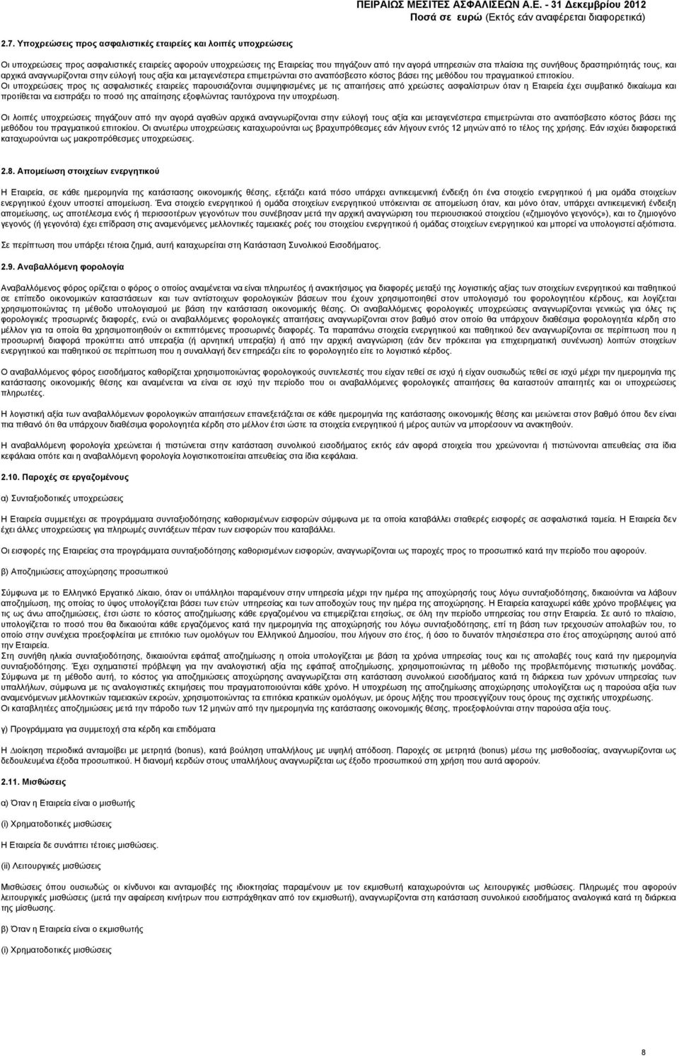 Οι υποχρεώσεις προς τις ασφαλιστικές εταιρείες παρουσιάζονται συμψηφισμένες με τις απαιτήσεις από χρεώστες ασφαλίστρων όταν η Εταιρεία έχει συμβατικό δικαίωμα και προτίθεται να εισπράξει το ποσό της