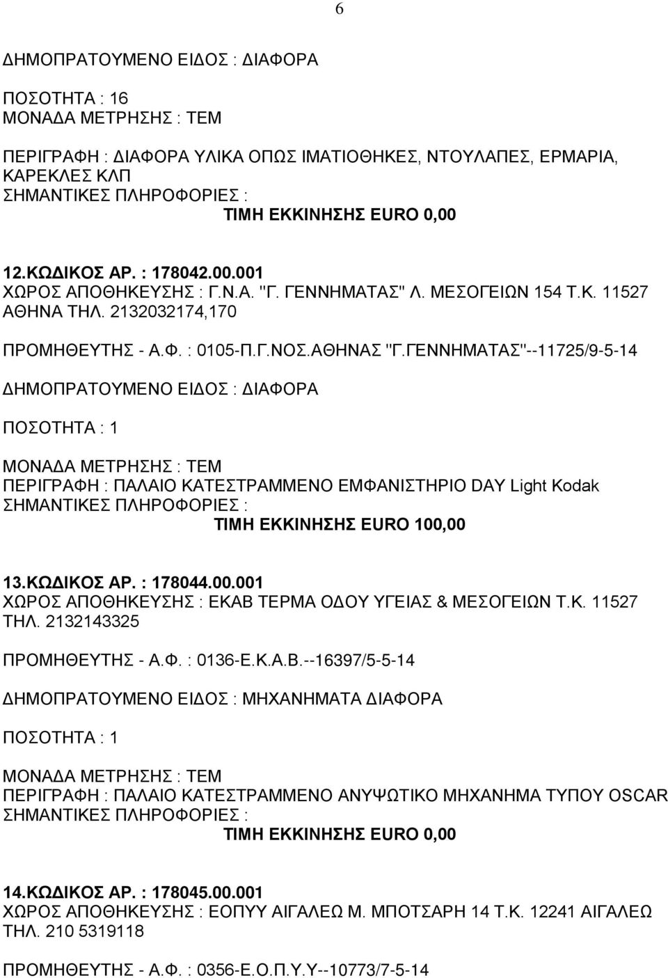 00.001 ΧΩΡΟΣ ΑΠΟΘΗΚΕΥΣΗΣ : ΕΚΑΒ ΤΕΡΜΑ ΟΔΟΥ ΥΓΕΙΑΣ & ΜΕΣΟΓΕΙΩΝ Τ.Κ. 11527 ΤΗΛ. 2132143325 ΠΡΟΜΗΘΕΥΤΗΣ - Α.Φ. : 0136-Ε.Κ.Α.Β.--16397/5-5-14 ΔΗΜΟΠΡΑΤΟΥΜΕΝΟ ΕΙΔΟΣ : ΜΗΧΑΝΗΜΑΤΑ ΔΙΑΦΟΡΑ ΠΕΡΙΓΡΑΦΗ : ΠΑΛΑΙΟ ΚΑΤΕΣΤΡΑΜΜΕΝΟ ΑΝΥΨΩΤΙΚΟ ΜΗΧΑΝΗΜΑ ΤΥΠΟΥ OSCAR 14.