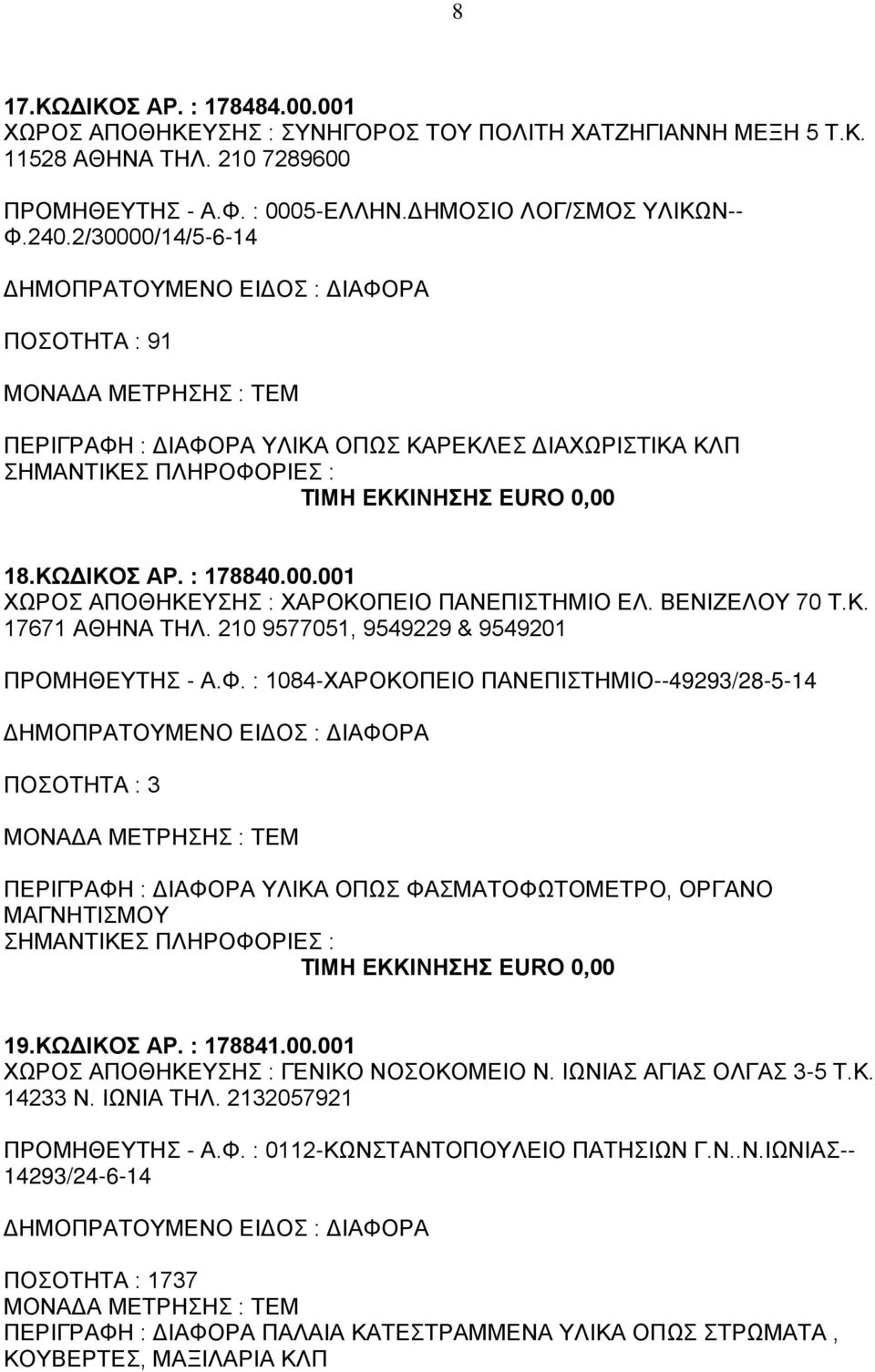 210 9577051, 9549229 & 9549201 ΠΡΟΜΗΘΕΥΤΗΣ - Α.Φ. : 1084-ΧΑΡΟΚΟΠΕΙΟ ΠΑΝΕΠΙΣΤΗΜΙΟ--49293/28-5-14 ΠΟΣΟΤΗΤΑ : 3 ΠΕΡΙΓΡΑΦΗ : ΔΙΑΦΟΡΑ ΥΛΙΚΑ ΟΠΩΣ ΦΑΣΜΑΤΟΦΩΤΟΜΕΤΡΟ, ΟΡΓΑΝΟ ΜΑΓΝΗΤΙΣΜΟΥ 19.ΚΩΔΙΚΟΣ ΑΡ.