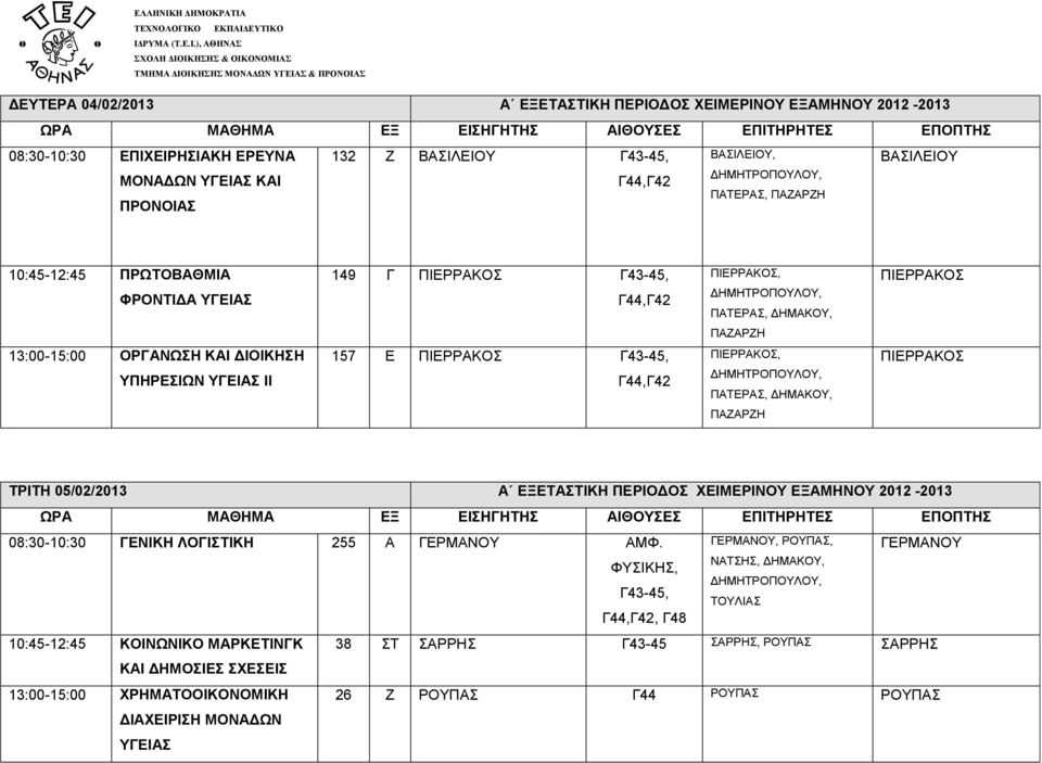 ΤΡΙΤΗ 05/02/2013 Α ΕΞΕΤΑΣΤΙΚΗ ΠΕΡΙΟΔΟΣ ΧΕΙΜΕΡΙΝΟΥ ΕΞΑΜΗΝΟΥ 2012-2013 08:30-10:30 ΓΕΝΙΚΗ ΛΟΓΙΣΤΙΚΗ 255 Α ΓΕΡΜΑΝΟΥ ΑΜΦ.