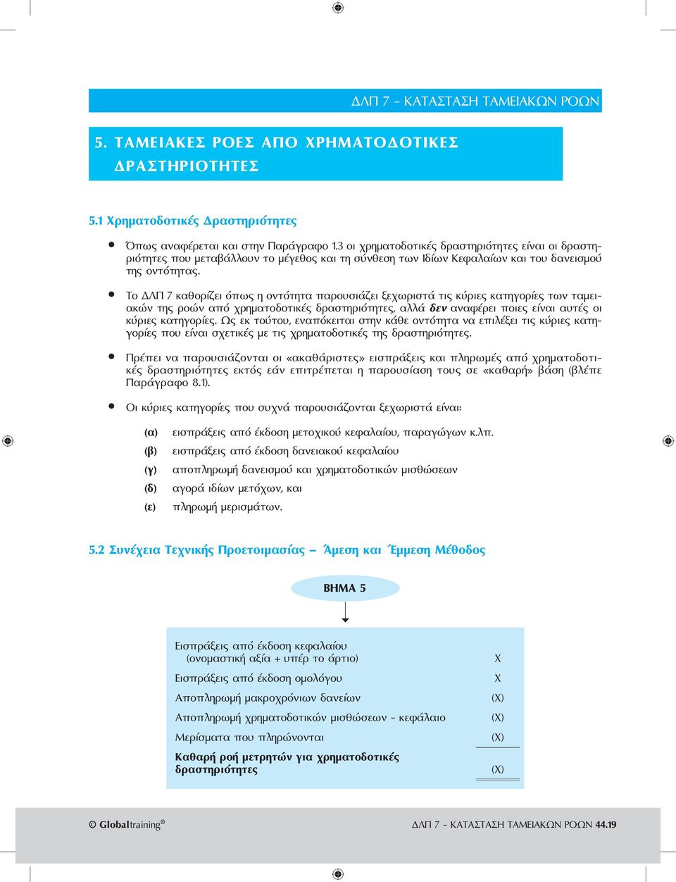 Το ΔΛΠ 7 καθορίζει όπως η οντότητα παρουσιάζει ξεχωριστά τις κύριες κατηγορίες των ταμειακών της ροών από χρηματοδοτικές δραστηριότητες, αλλά δεν αναφέρει ποιες είναι αυτές οι κύριες κατηγορίες.