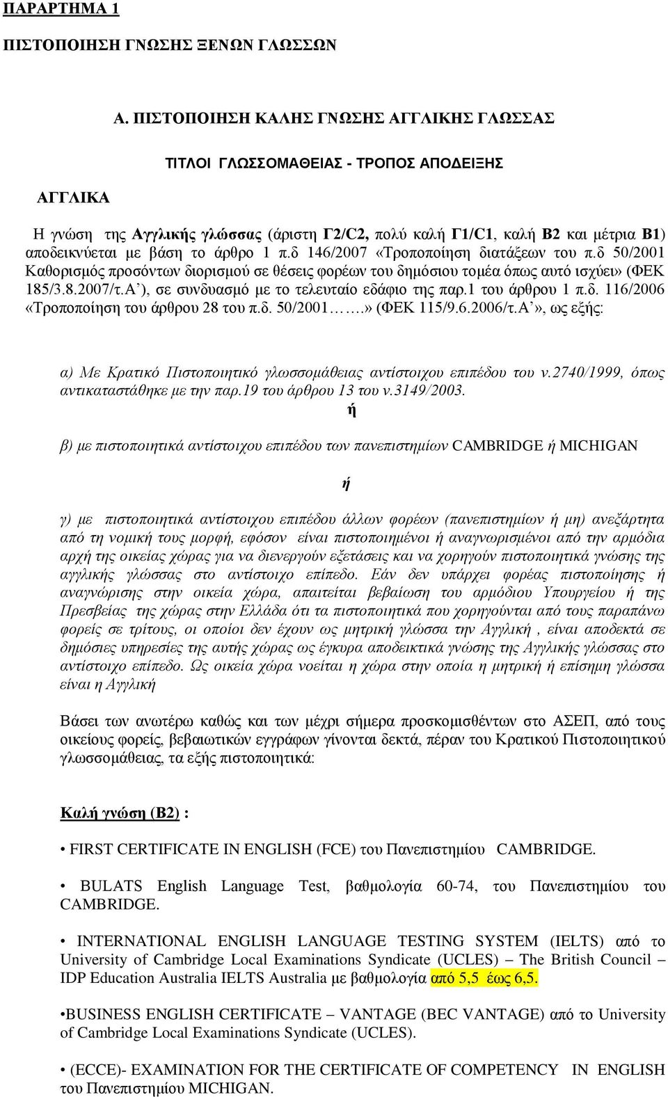 άρθρο 1 π.δ 146/2007 «Τροποποίηση διατάξεων του π.δ 50/2001 Καθορισμός προσόντων διορισμού σε θέσεις φορέων του δημόσιου τομέα όπως αυτό ισχύει» (ΦΕΚ 185/3.8.2007/τ.