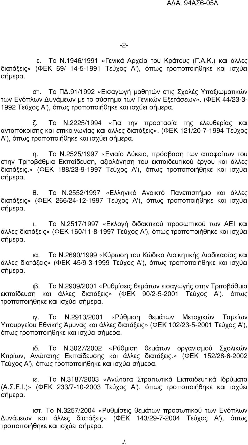 2225/1994 «Για την προστασία της ελευθερίας και ανταπόκρισης και επικοινωνίας και άλλες διατάξεις». (ΦΕΚ 121/20-7-1994 Τεύχος Α'), όπως τροποποιήθηκε και ισχύει σήµερα. η. Το Ν.