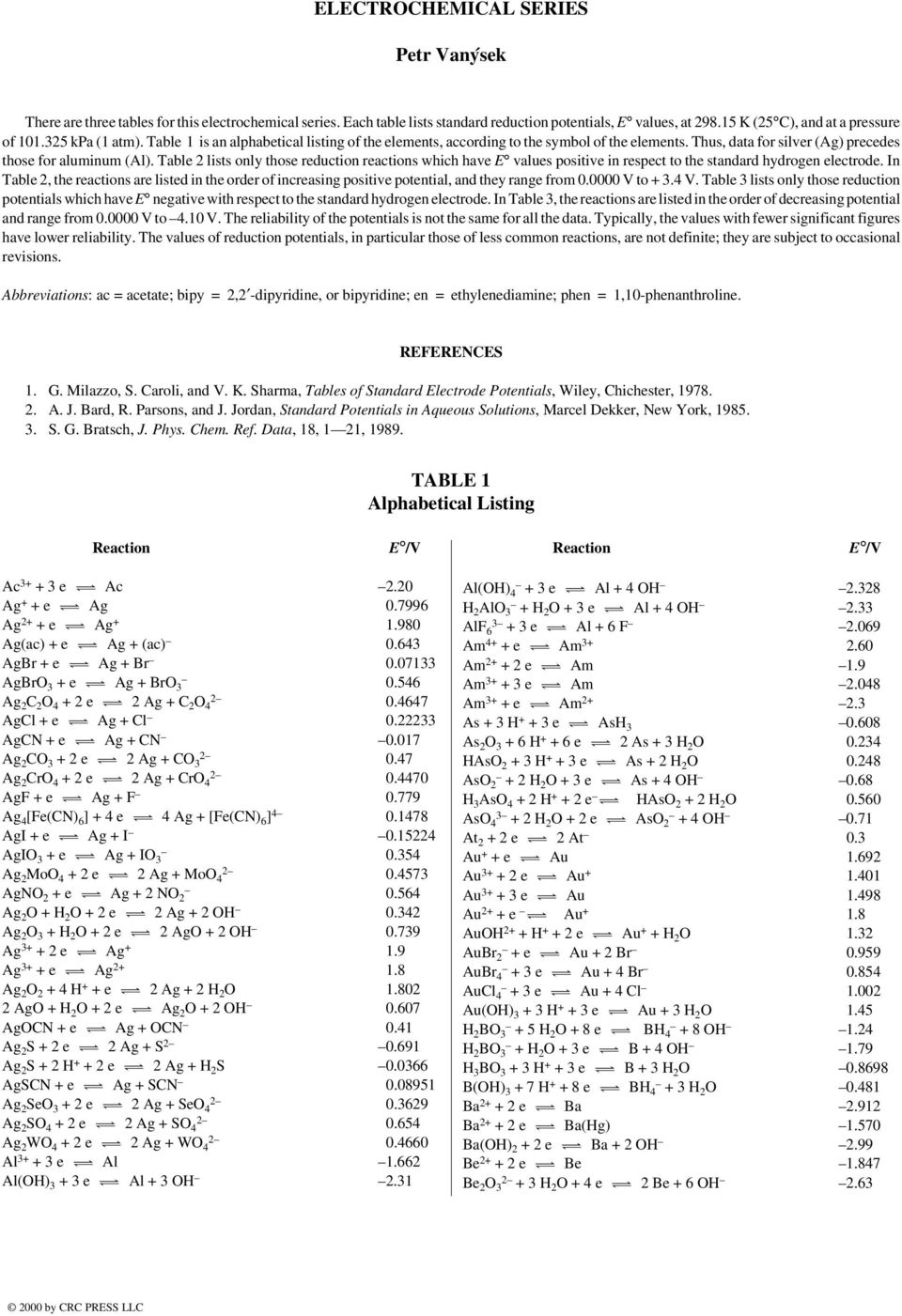 Table 2 lists only those reduction reactions which have E values positive in respect to the standard hydrogen electrode.