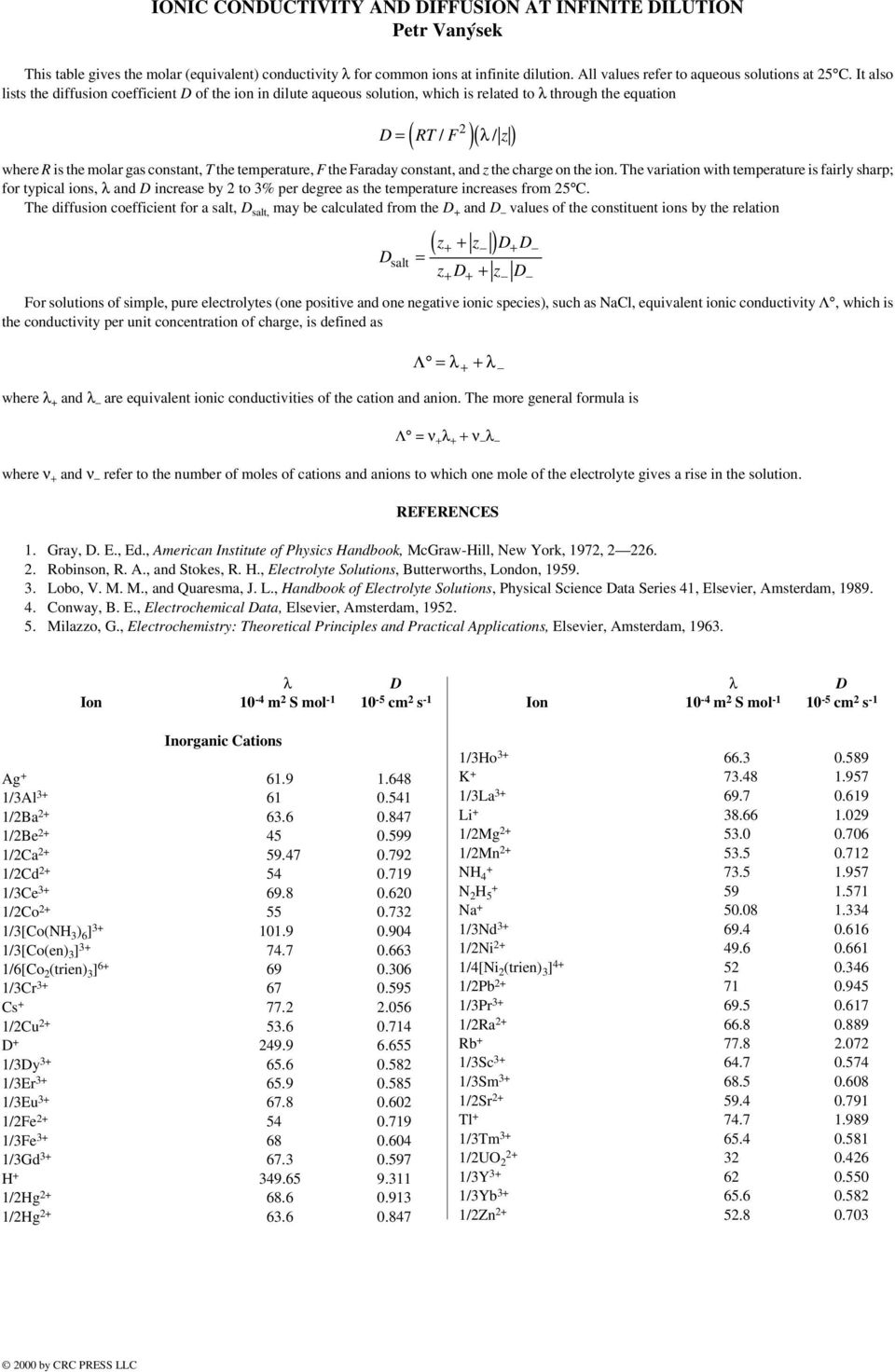 It also lists the diffusion coefficient D of the ion in dilute aqueous solution, which is related to λ through the equation 2 D RT / F λ / z = ( )( ) where R is the molar gas constant, T the