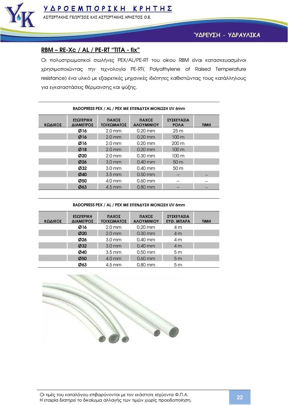 0 mm 0.20 mm 200 m Ø18 2.0 mm 0.20 mm 100 m Ø20 2.0 mm 0.30 mm 100 m Ø26 3.0 mm 0.40 mm 50 m Ø32 3.0 mm 0.40 mm 50 m Ø40 3.5 mm 0.50 mm -- -- Ø50 4.0 mm 0.60 mm -- -- Ø63 4.5 mm 0.80 mm -- -- RADOPRESS PEX / AL / PEX ΜΕ ΕΠΕΝ ΥΣΗ ΜΟΝΩΣΗ UV 6mm ΕΥΘ.