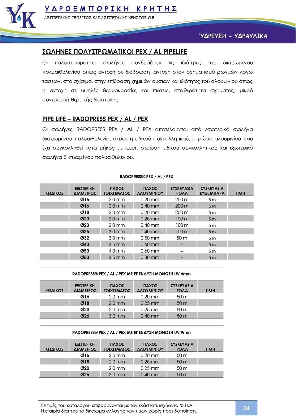 PIPE LIFE RADOPRESS PEX / AL / PEX Οι σωλήνες RADOPRESS PEX / AL / PEX αποτελούνται από εσωτερικό σωλήνα δικτυωµένου πολυαιθυλενίο, στρώση ειδικού συγκολλητικού, στρώση αλουµινίου που έχει