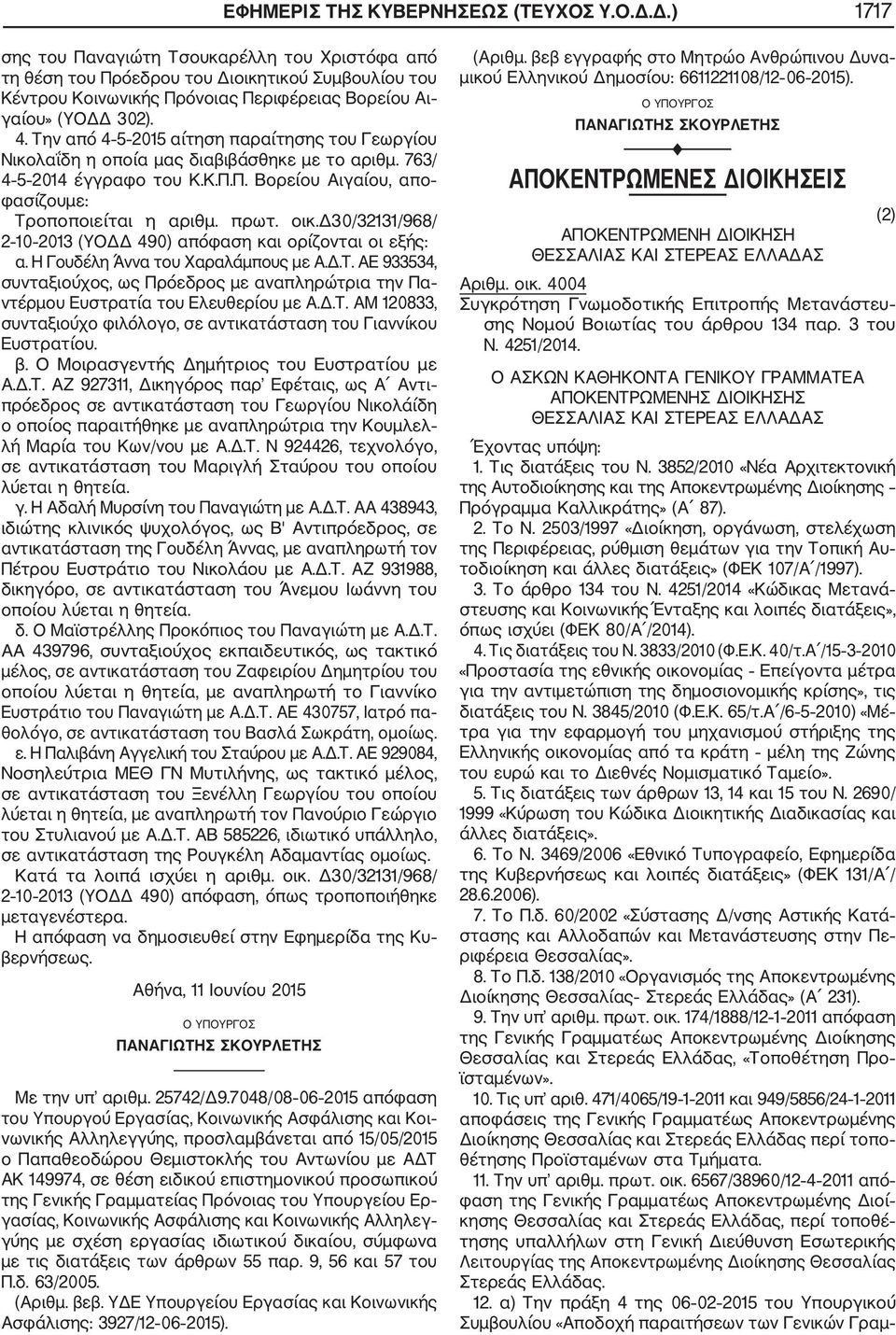 Την από 4 5 2015 αίτηση παραίτησης του Γεωργίου Νικολαΐδη η οποία μας διαβιβάσθηκε με το αριθμ. 763/ 4 5 2014 έγγραφο του Κ.Κ.Π.Π. Βορείου Αιγαίου, απο φασίζουμε: Τροποποιείται η αριθμ. πρωτ. οικ.