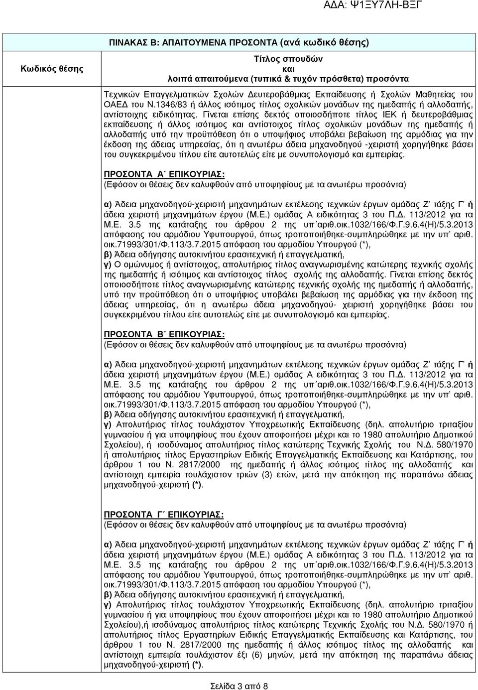 Γίνεται επίσης δεκτός οποιοσδήποτε τίτλος ΙΕΚ ή δευτεροβάθµιας εκπαίδευσης ή άλλος ισότιµος και αντίστοιχος τίτλος σχολικών µονάδων της ηµεδαπής ή αλλοδαπής υπό την προϋπόθεση ότι ο υποψήφιος
