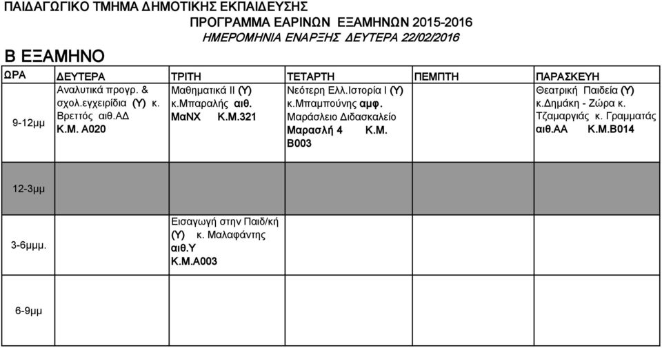 Νεότερη Ελλ.Ιστορία Ι (Υ) κ.μπαμπούνης αμφ. 9-12μμ Βρεττός αιθ.αδ ΜαΝΧ Κ.Μ.321 Μαράσλειο Κ.Μ. Α020 Μαρασλή 4 Κ.Μ. Β003 Θεατρική Παιδεία (Υ) κ.