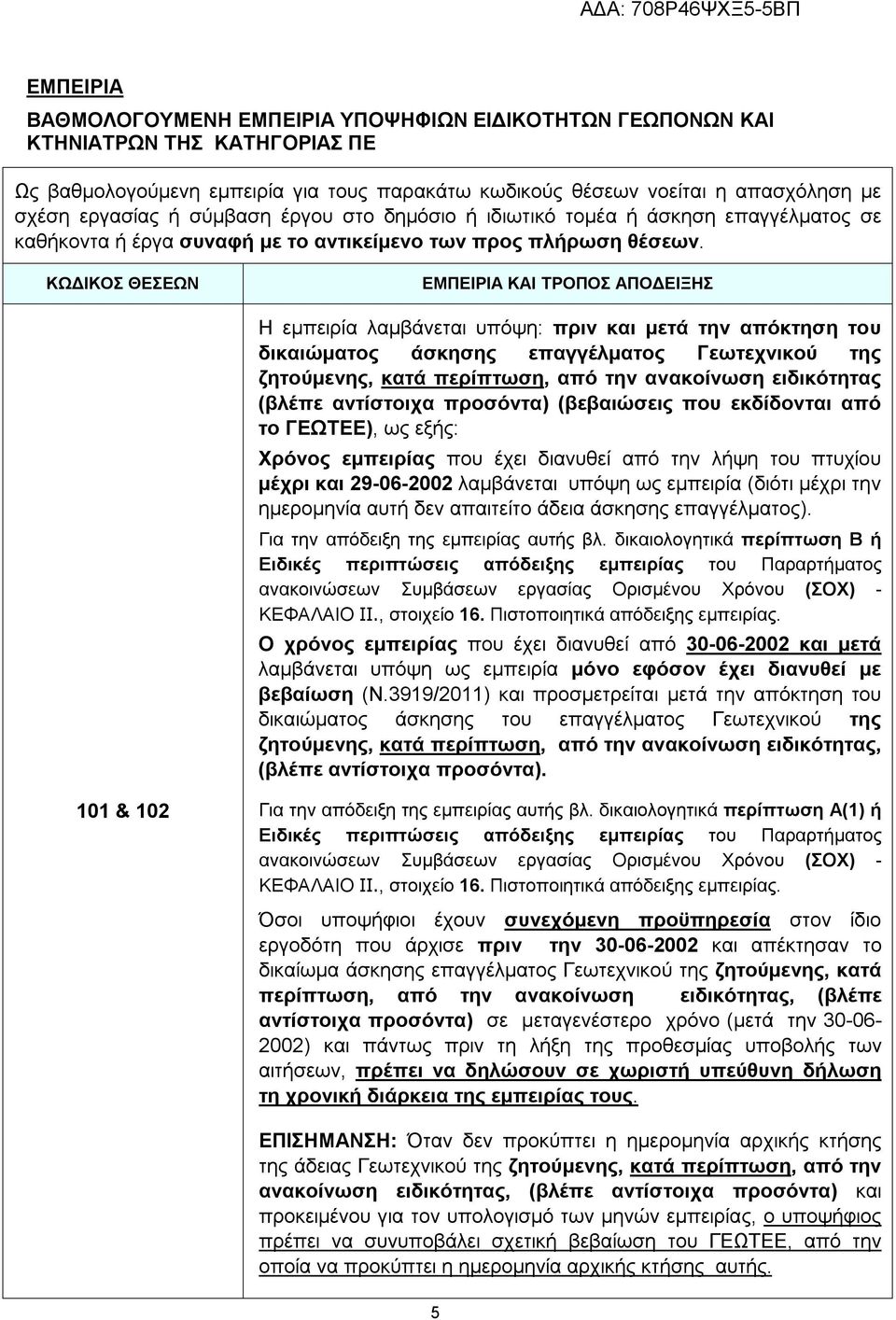 ΚΩΔΙΚΟΣ ΘΕΣΕΩΝ ΕΜΠΕΙΡΙΑ ΚΑΙ ΤΡΟΠΟΣ ΑΠΟΔΕΙΞΗΣ Η εμπειρία λαμβάνεται υπόψη: πριν και μετά την απόκτηση του δικαιώματος άσκησης επαγγέλματος Γεωτεχνικού της ζητούμενης, κατά περίπτωση, από την