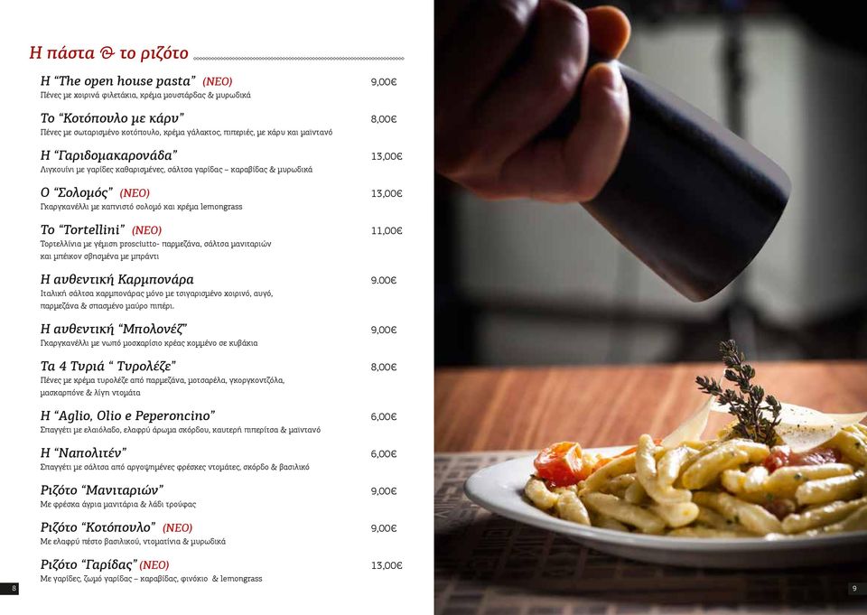 Τοrtellini (NEO) 11,00 Τορτελλίνια με γέμιση prosciutto- παρμεζάνα, σάλτσα μανιταριών και μπέικον σβησμένα με μπράντι H αυθεντική Καρμπονάρα 9.