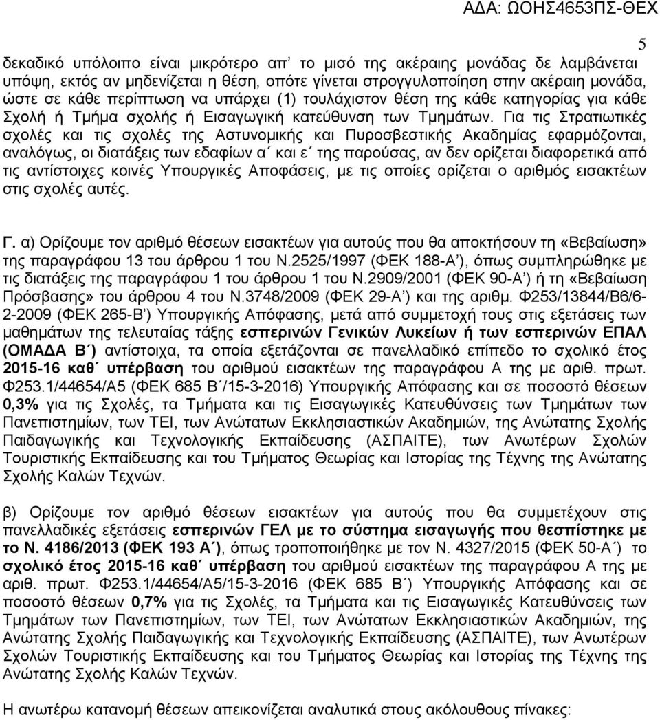 Για τις Στρατιωτικές σχολές και τις σχολές της Αστυνομικής και Πυροσβεστικής Ακαδημίας εφαρμόζονται, αναλόγως, οι διατάξεις των εδαφίων α και ε της παρούσας, αν δεν ορίζεται διαφορετικά από τις