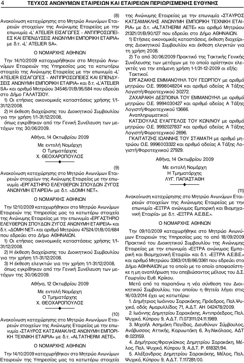 ΕΜΠΟΡΙΚΗ ΕΤΑΙΡΙΑ» και δ.τ. «L ATELIER SA» και αριθμό Μητρώου 34546/01/Β/95/584 που εδρεύει στο Δήμο ΓΑΛΑΤΣΙΟΥ. 1) Οι ετήσιες οικονομικές καταστάσεις χρήσης 1/1 31/12/2008.