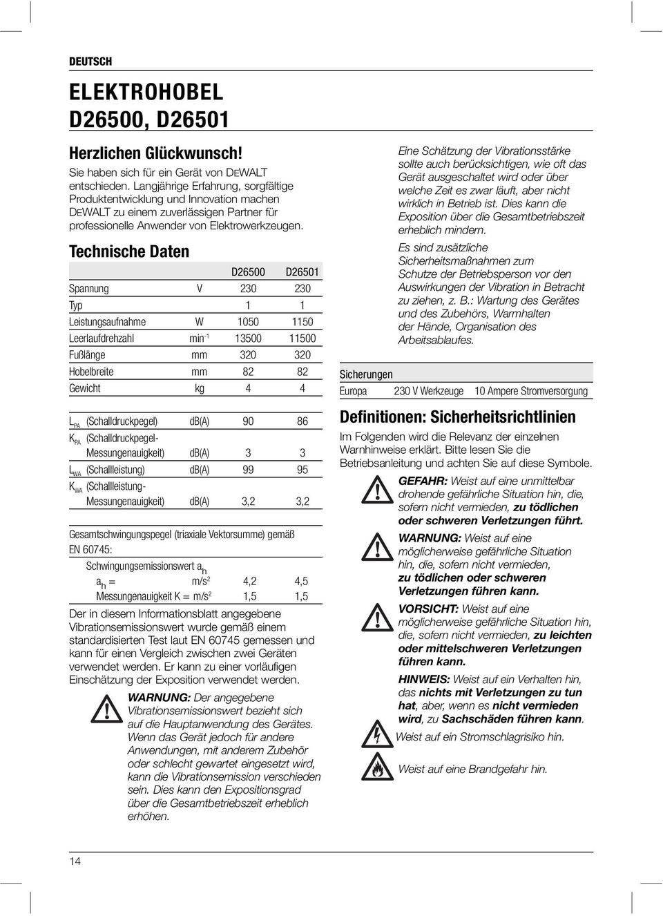 Technische Daten D26500 D26501 Spannung V 230 230 Typ 1 1 Leistungsaufnahme W 1050 1150 Leerlaufdrehzahl min -1 13500 11500 Fußlänge mm 320 320 Hobelbreite mm 82 82 Gewicht kg 4 4 L PA