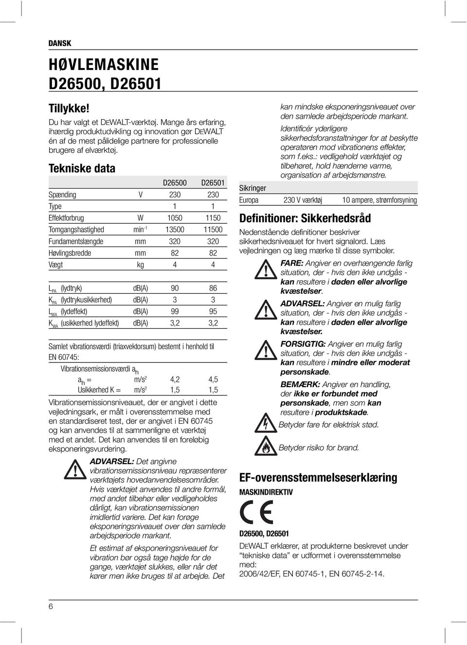 Tekniske data D26500 D26501 Spænding V 230 230 Type 1 1 Effektforbrug W 1050 1150 Tomgangshastighed min -1 13500 11500 Fundamentslængde mm 320 320 Høvlingsbredde mm 82 82 Vægt kg 4 4 L PA (lydtryk)