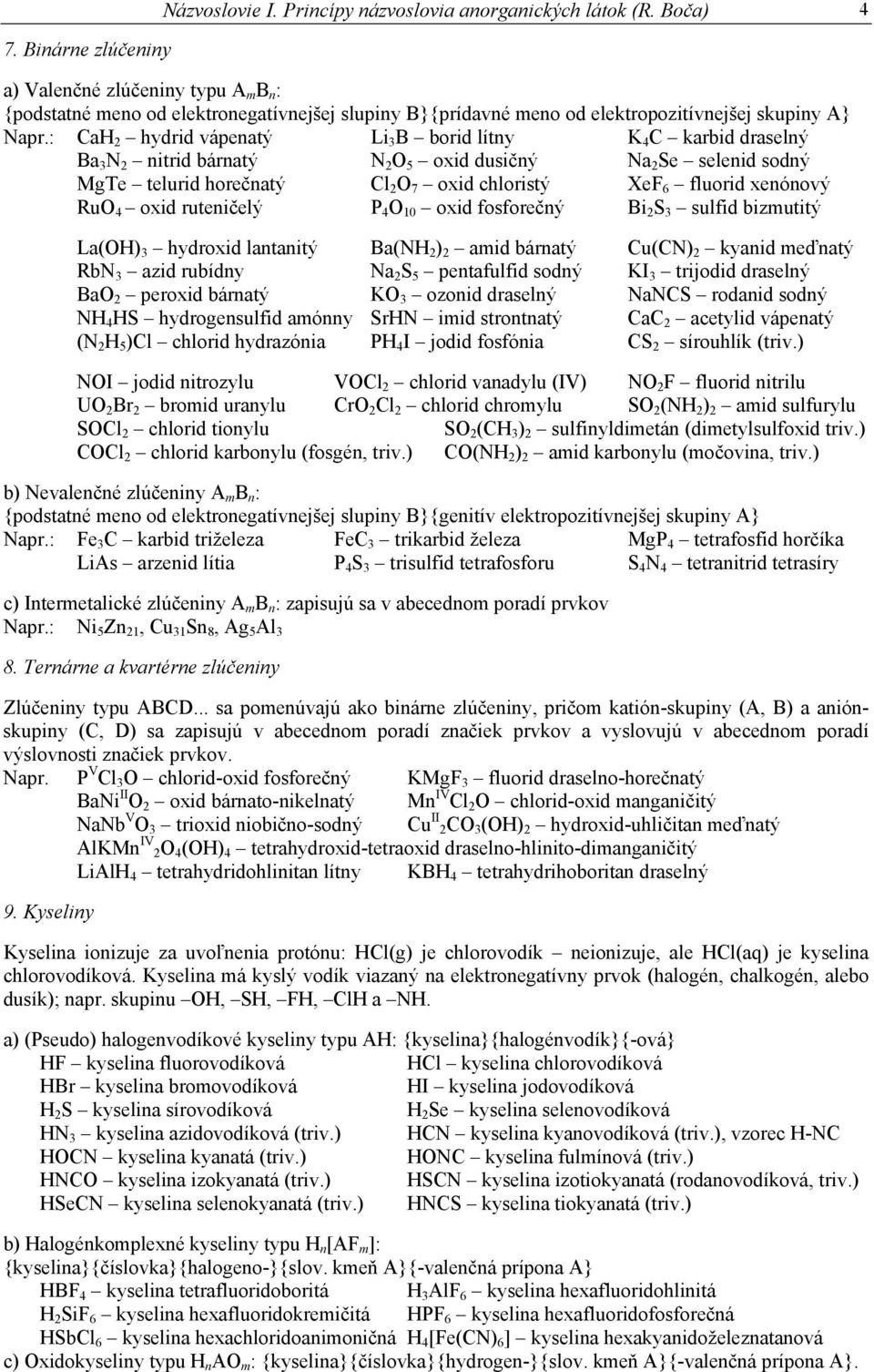 : CaH 2 hydrid vápenatý Li 3 B borid lítny K 4 C karbid draselný Ba 3 N 2 nitrid bárnatý N 2 O 5 oxid dusičný Na 2 Se selenid sodný MgTe telurid horečnatý Cl 2 O 7 oxid chloristý XeF 6 fluorid