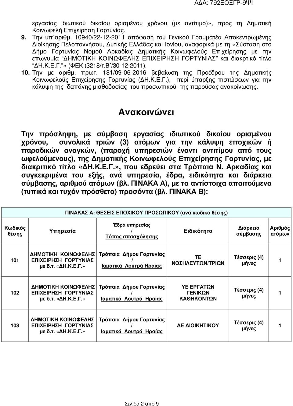 Επιχείρησης µε την επωνυµία ΗΜΟΤΙΚΗ ΚΟΙΝΩΦΕΛΗΣ ΕΠΙΧΕΙΡΗΣΗ ΓΟΡΤΥΝΙΑΣ και διακρτικό τίτλο Η.Κ.Ε.Γ.» (ΦΕΚ (3218/τ.Β /30-12-2011). 10. Την µε αριθµ. πρωτ.