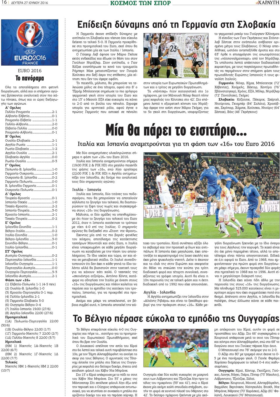 ..0-0 Ρουμανία-Αλβανία...0-1 Β Ομιλος Ουαλία-Σλοβακία...2-1 Αγγλία-Ρωσία...1-1 Ρωσία-Σλοβακία...1-2 Αγγλία-Ουαλία...2-1 Σλοβακία-Αγγλία...0-0 Ρωσία-Ουαλία...0-3 Γ Ομιλος Πολωνία-Β. Ιρλανδία.