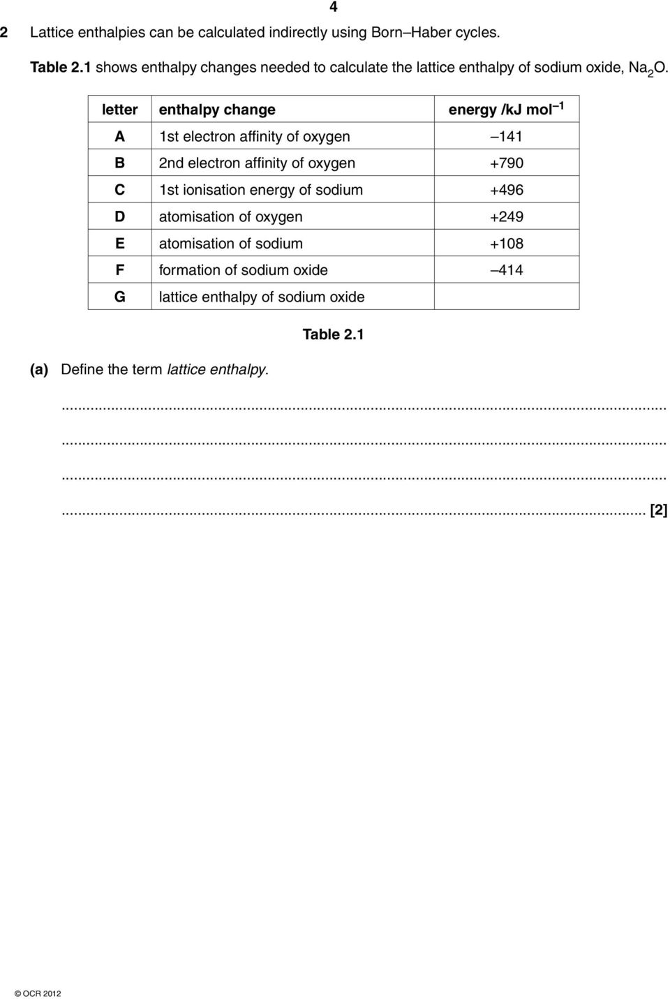 letter enthalpy change energy /kj mol 1 A 1st electron affi nity of oxygen 141 B 2nd electron affi nity of oxygen +790 C 1st