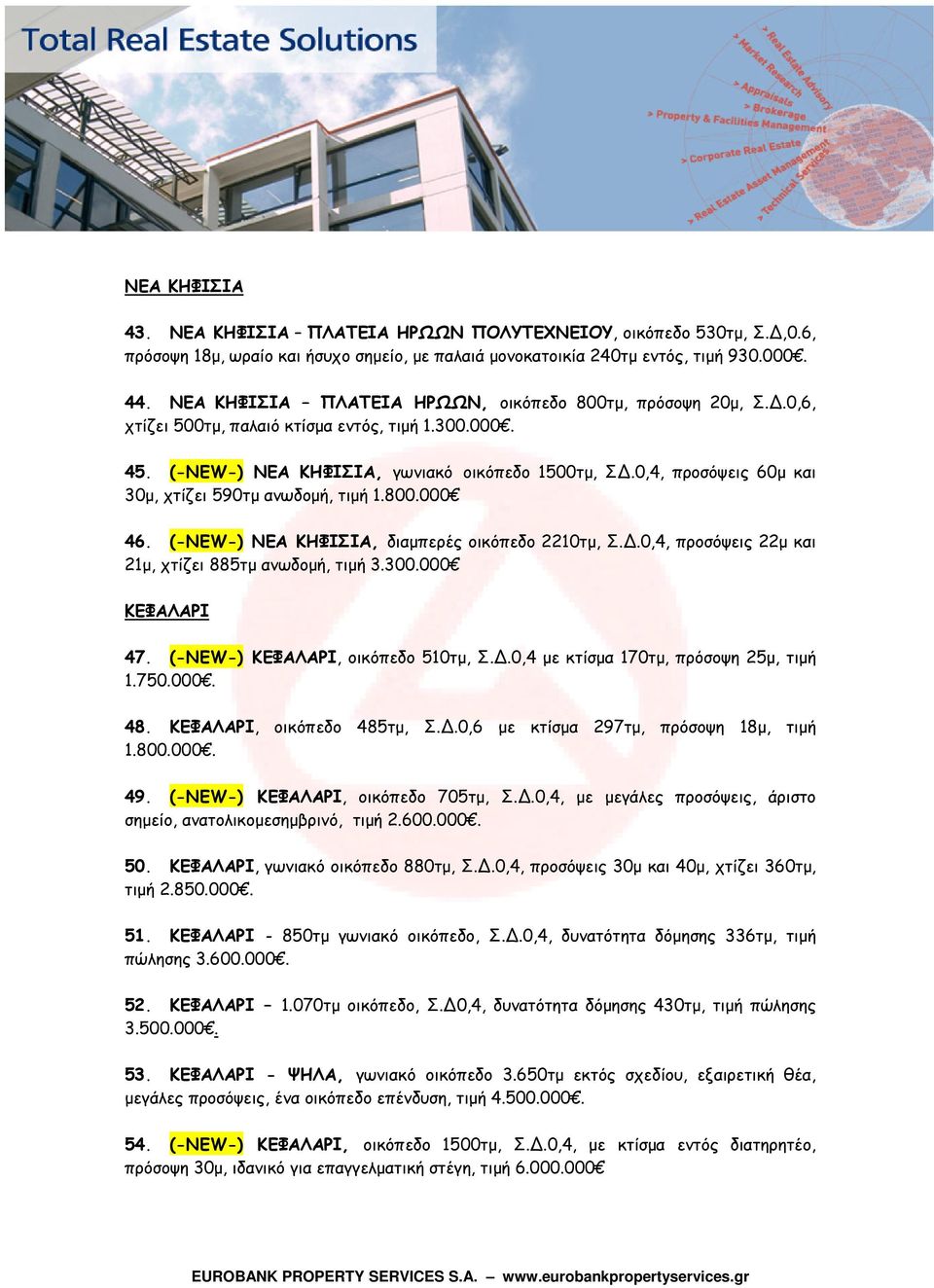 0,4, προσόψεις 60μ και 30μ, χτίζει 590τμ ανωδομή, τιμή 1.800.000 46. (-NEW-) ΝΕΑ ΚΗΦΙΣΙΑ, διαμπερές οικόπεδο 2210τμ, Σ..0,4, προσόψεις 22μ και 21μ, χτίζει 885τμ ανωδομή, τιμή 3.300.000 ΚΕΦΑΛΑΡΙ 47.