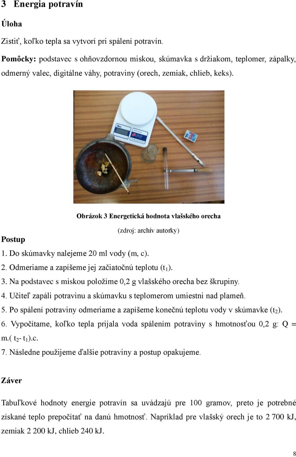 Obrázok 3 Energetická hodnota vlašského orecha 1. Do skúmavky nalejeme 20 ml vody (m, c). 2. Odmeriame a zapíšeme jej začiatočnú teplotu (t 1 ). 3. Na podstavec s miskou položíme 0,2 g vlašského orecha bez škrupiny.