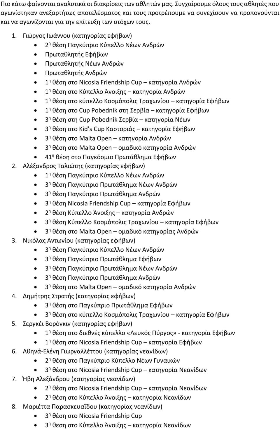 Γιώργος Ιωάννου (κατηγορίας εφήβων) 2 η θέση Παγκύπριο Κύπελλο Νέων Ανδρών Πρωταθλητής Εφήβων Πρωταθλητής Νέων Ανδρών Πρωταθλητής Ανδρών 1 η θέση στο Nicosia Friendship Cup κατηγορία Ανδρών 1 η θέση