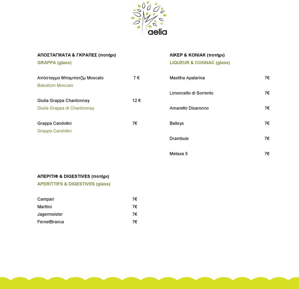 7 Limoncello di Sorrento 7 Amaretto Disaronno 7 Grappa Candolini 7 Grappa Candolini Balleys 7 Drambuie 7 Metaxa