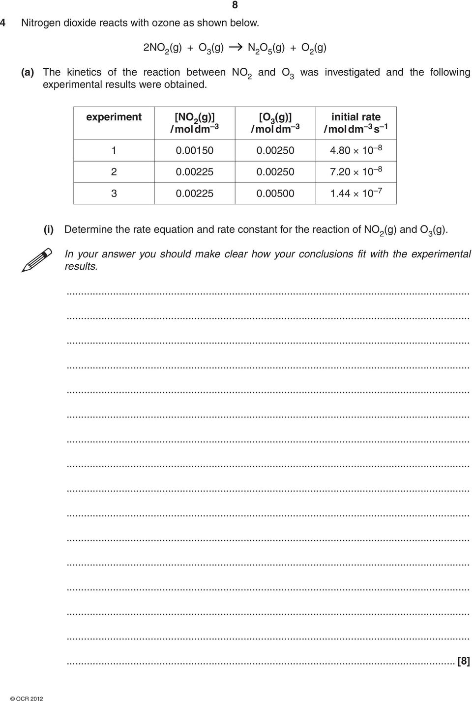 experimental results were obtained. experiment [NO 2 (g)] [O 3 (g)] initial rate / mol dm 3 / mol dm 3 / mol dm 3 s 1 1 0.00150 0.00250 4.