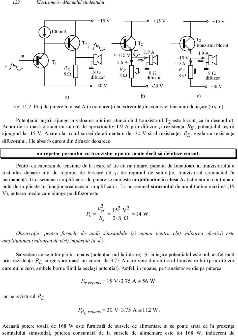 Poten\ialul ie]irii ajunge la valoarea minim` atunci c[nd tranzistorul T 2 este blocat, ca [n desenul c). Acum de la mas` circul` un curent de aproximativ 1.