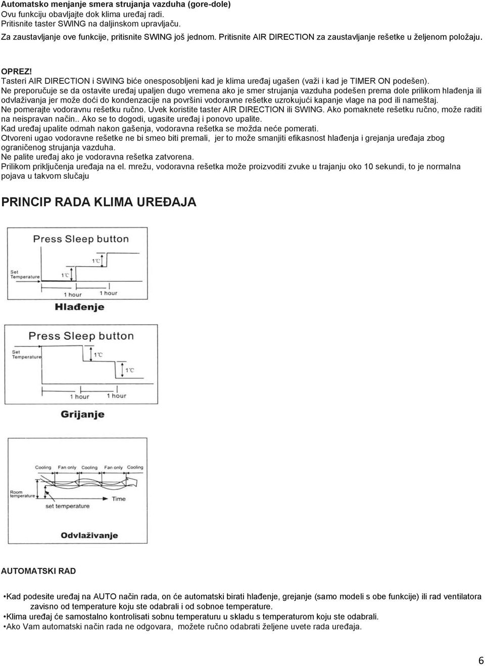 Tasteri AIR DIRECTION i SWING biće onesposobljeni kad je klima uređaj ugašen (važi i kad je TIMER ON podešen).